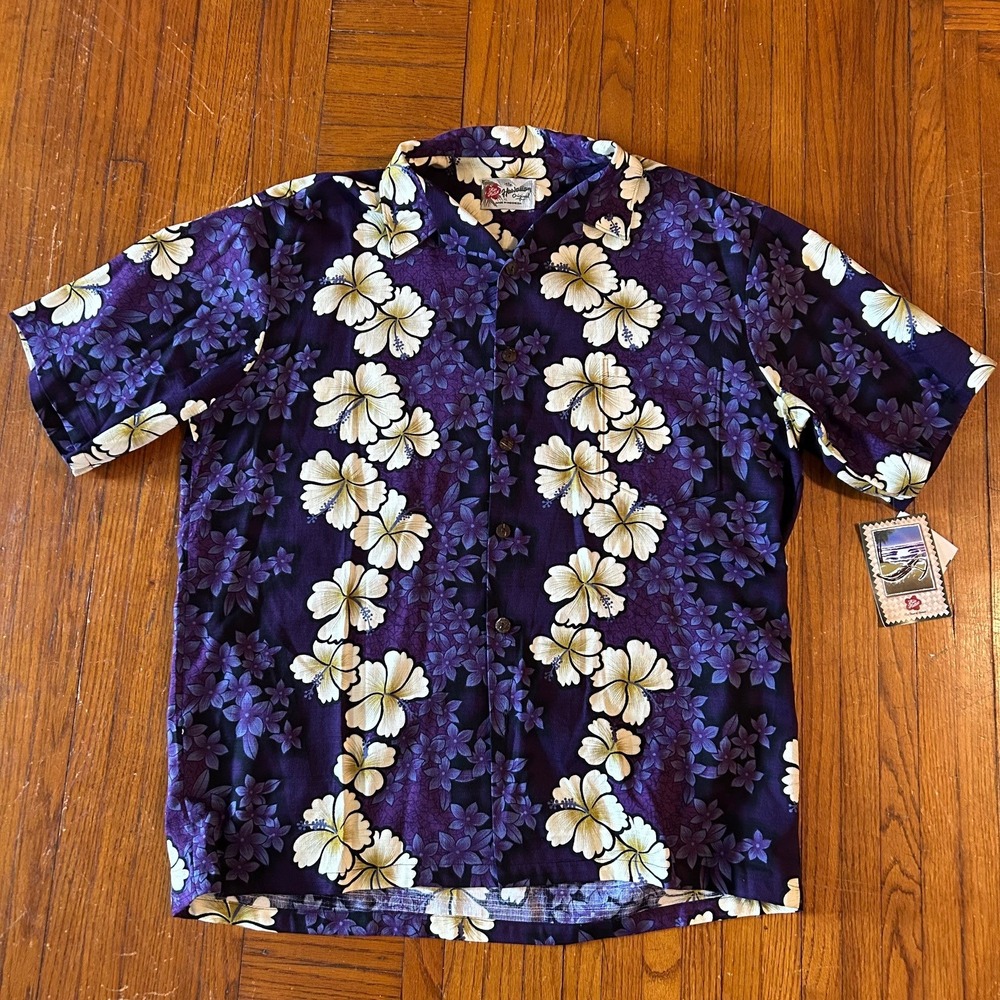 Vintage Hilo Hattie XL Purple Hibiscus Floral Hawaiian Aloha Shirt Tropical Vaca